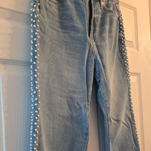 Light Blue Pearl Embellished Women Jeans